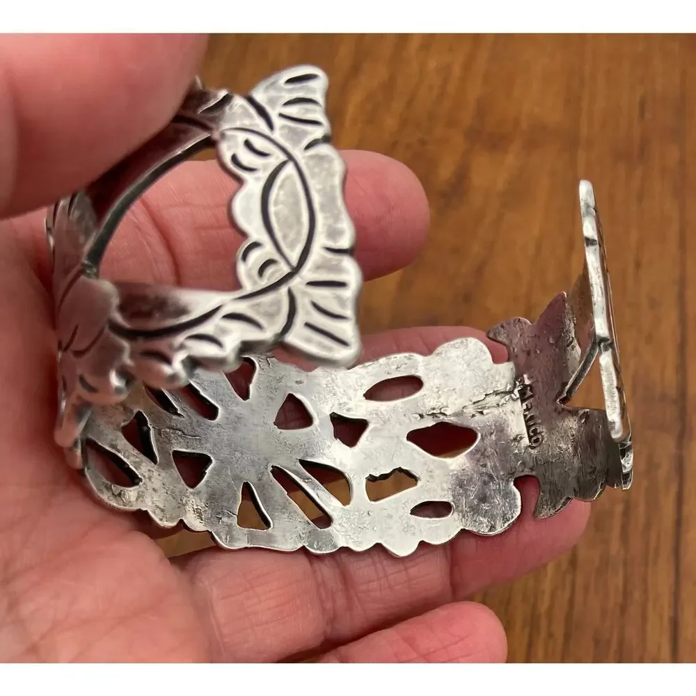 Vintage Mexico Silver Cuff Bracelet Wide Flower Cutout 50.91g Tested Silver 6.5